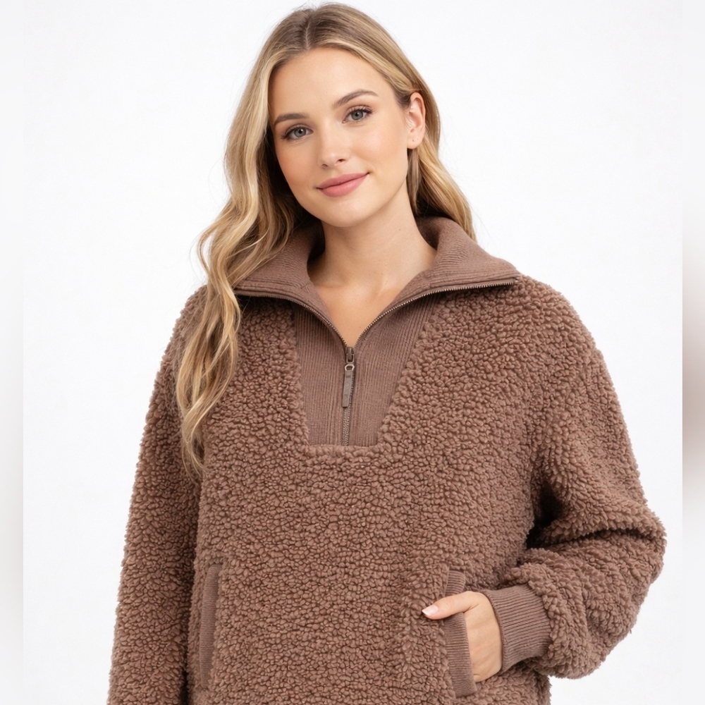 Kit And Ace Revive Cozytech Half Zip Sherpa Teddy Jacket Brown Women's Small